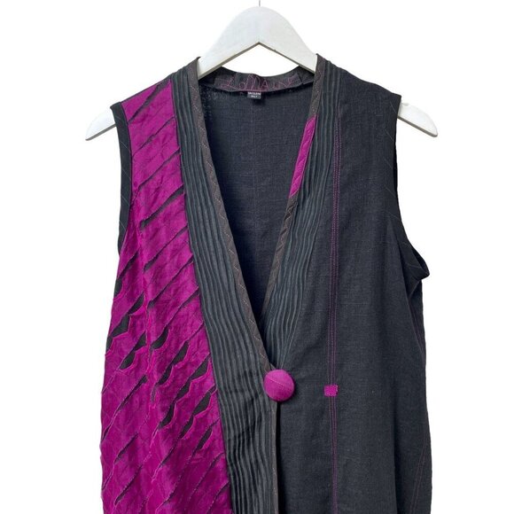 Artsy Vest M/L Charcoal Black Pink Emboidered Applique Boho Top - Picture 2 of 12